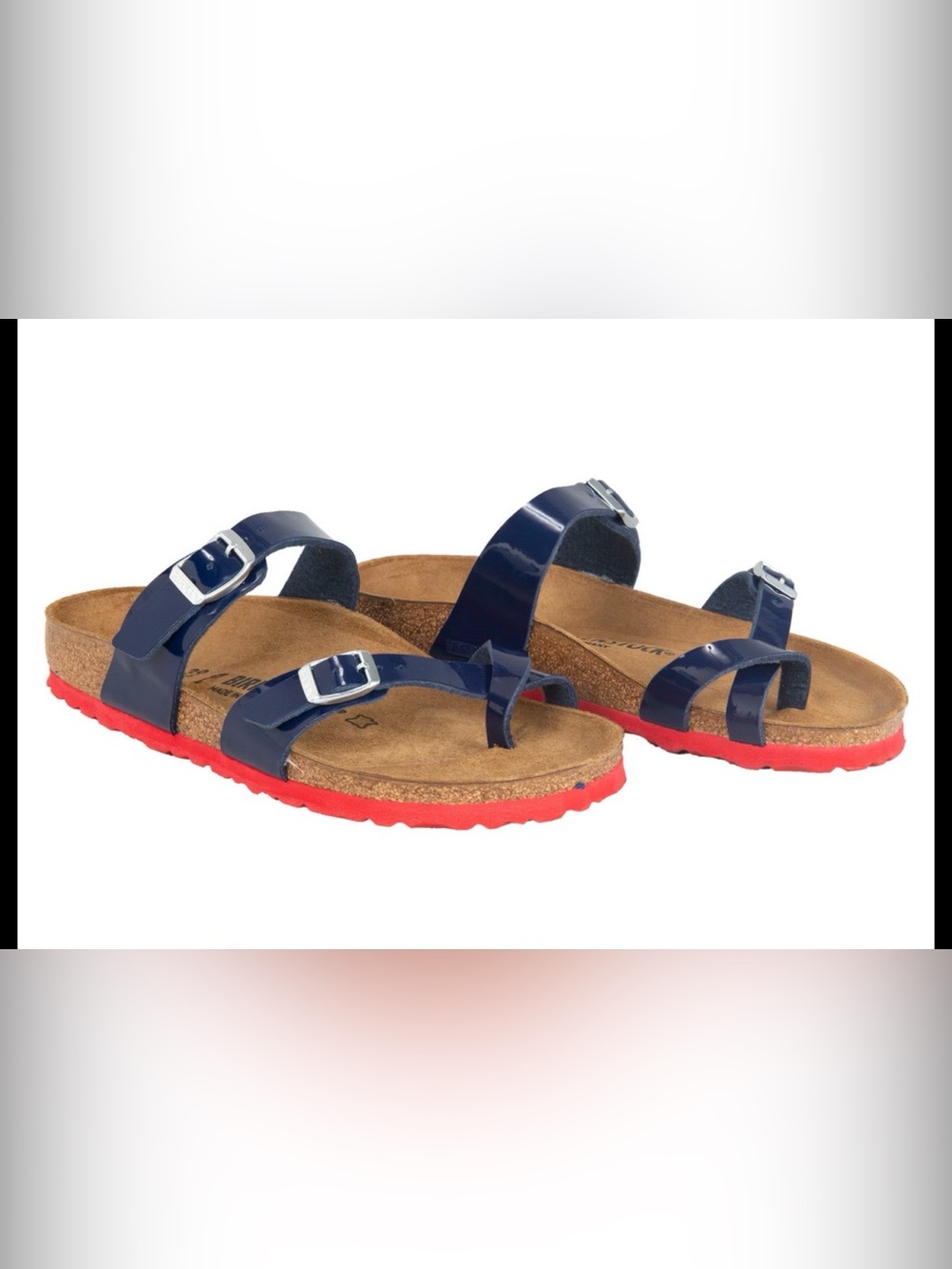 Birkenstock Patent Navy Two-Strap Sandals with Red Outsole